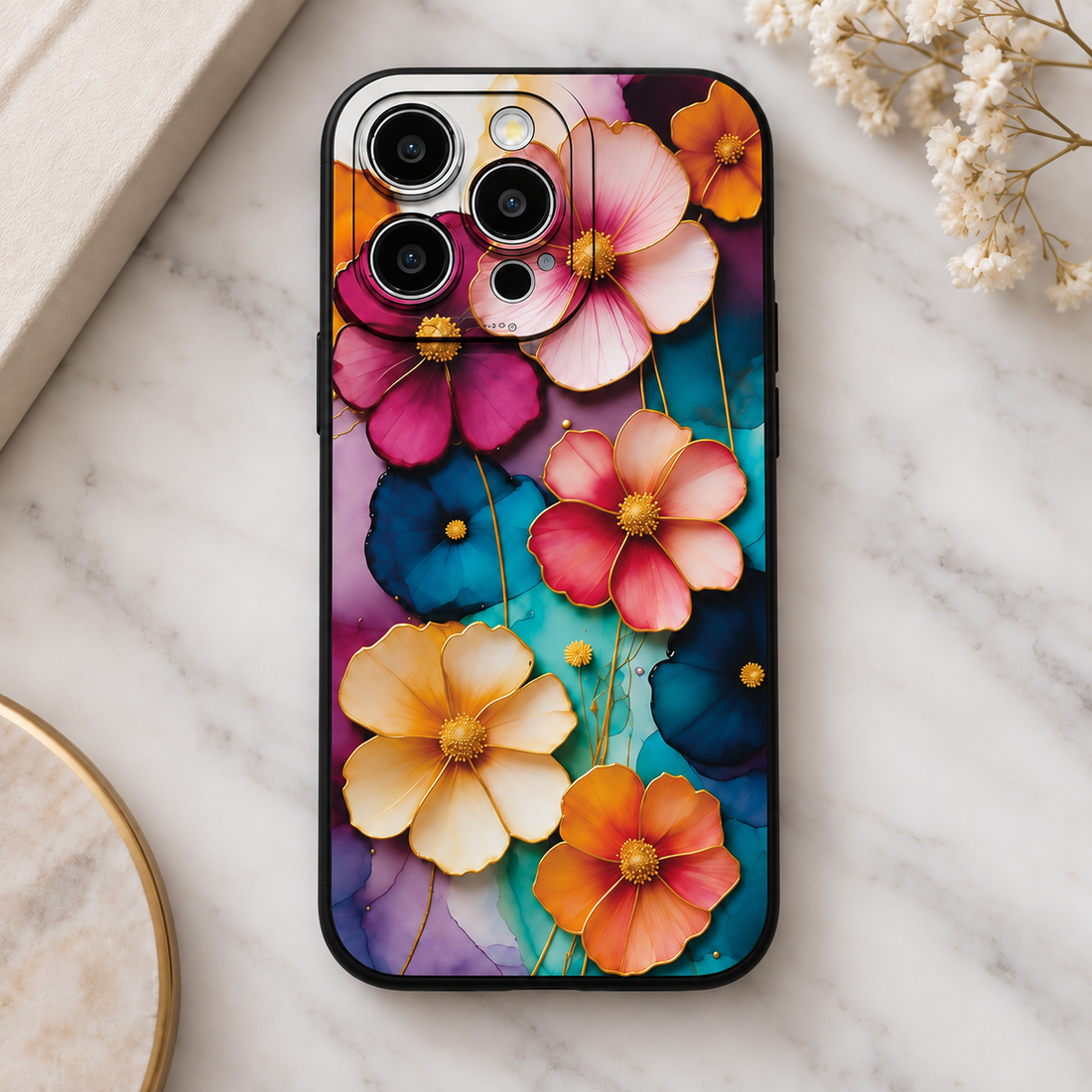 Coque iPhone Fleurs Aquarelle Dorées