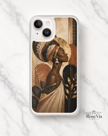 African Woman iPhone 17 Case, 16 Pro, Black Gold Turban Art
