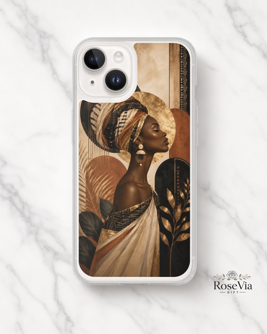 African Woman iPhone 17 Case, 16 Pro, Black Gold Turban Art