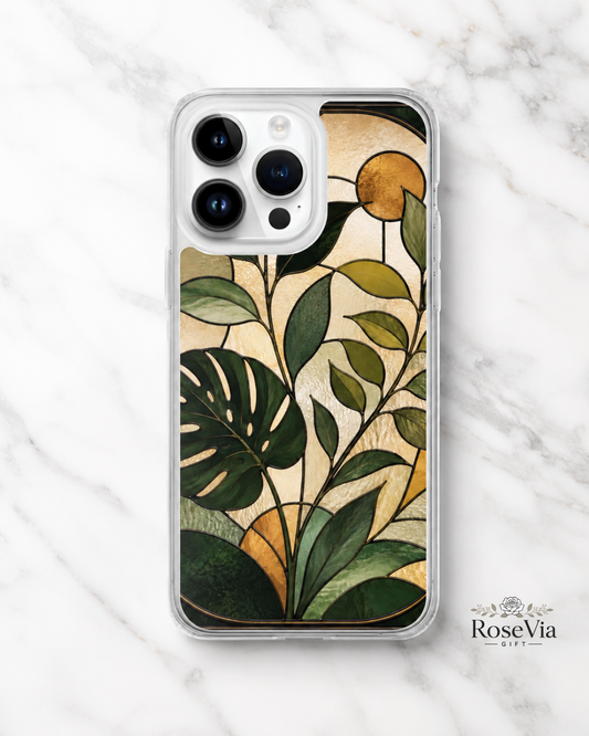 Monstera iPhone 17 Case, 16 Pro, Green Gold Stained Glass Art