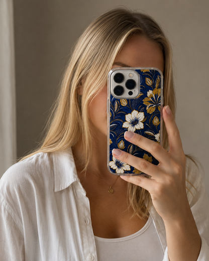 Navy Blue Floral iPhone 17 Pro Max Case, iPhone 17 Pro Case, Gold Botanical Art Phone Cover, Elegant Flower Aesthetic Gift for Her