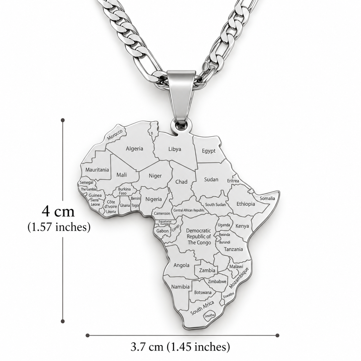Collier Carte d'Afrique en Acier Inoxydable, Chaîne 45cm