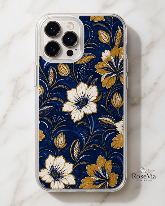Navy Blue Floral iPhone 17 Pro Max Case, iPhone 17 Pro Case, Gold Botanical Art Phone Cover, Elegant Flower Aesthetic Gift for Her