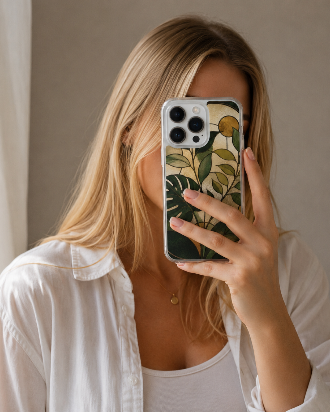 Monstera iPhone 17 Case, 16 Pro, Green Gold Stained Glass Art