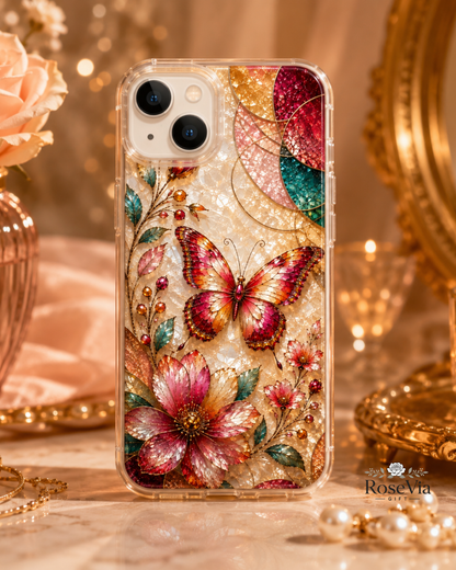 Butterfly Stained Glass Phone Case | Pink Crystal Floral Jewel Design | iPhone 17 16 15 14 13 Pro Max Plus Mini Case