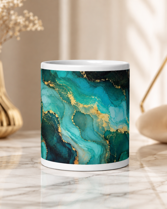 Teal Gold Marble Mug, Fluid Art Coffee Cup, 11 oz