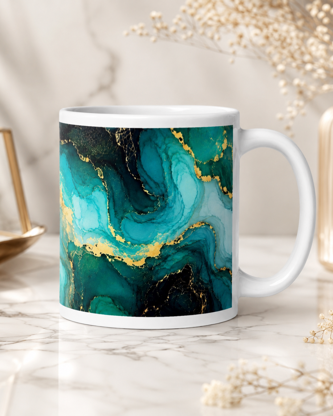 Teal Gold Marble Mug, Fluid Art Coffee Cup, 11 oz