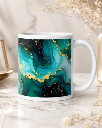 Teal Gold Marble Mug, Fluid Art Coffee Cup, 11 oz