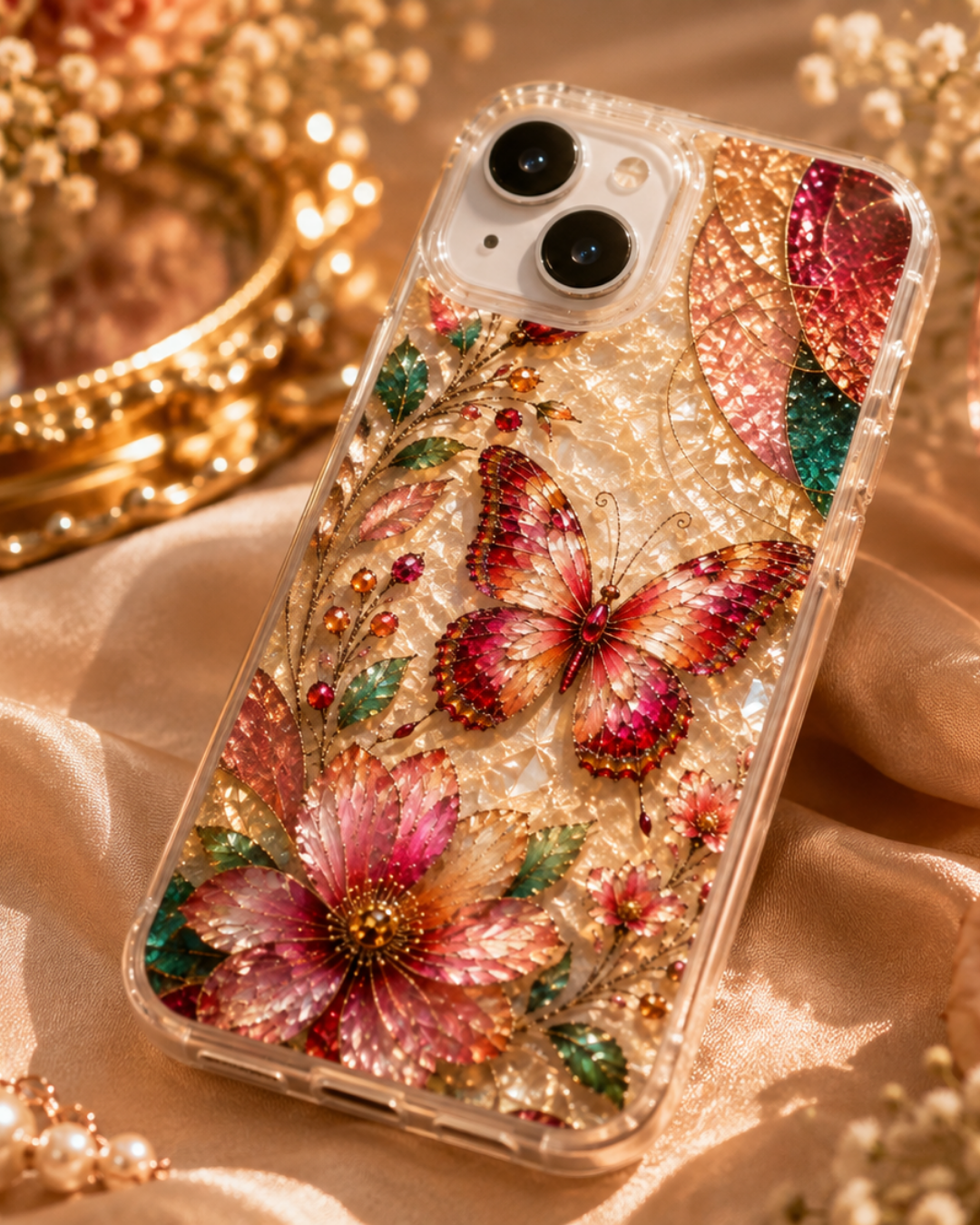Butterfly Stained Glass Phone Case | Pink Crystal Floral Jewel Design | iPhone 17 16 15 14 13 Pro Max Plus Mini Case