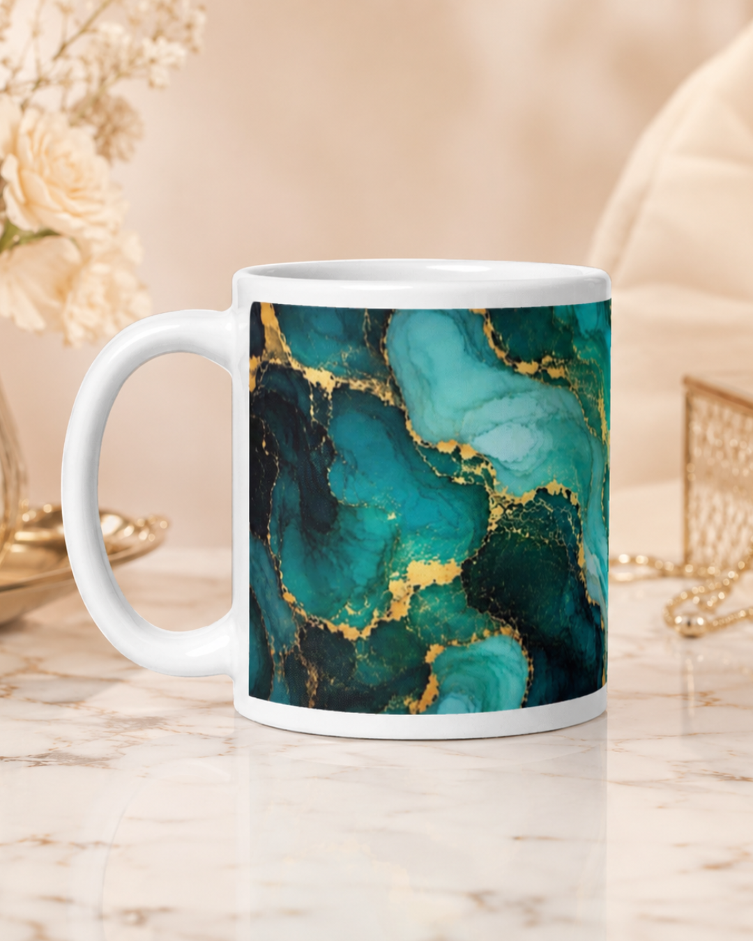 Teal Gold Marble Mug, Fluid Art Coffee Cup, 11 oz