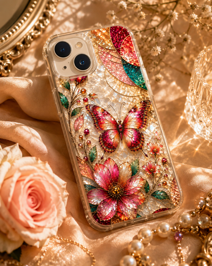 Butterfly Stained Glass Phone Case | Pink Crystal Floral Jewel Design | iPhone 17 16 15 14 13 Pro Max Plus Mini Case