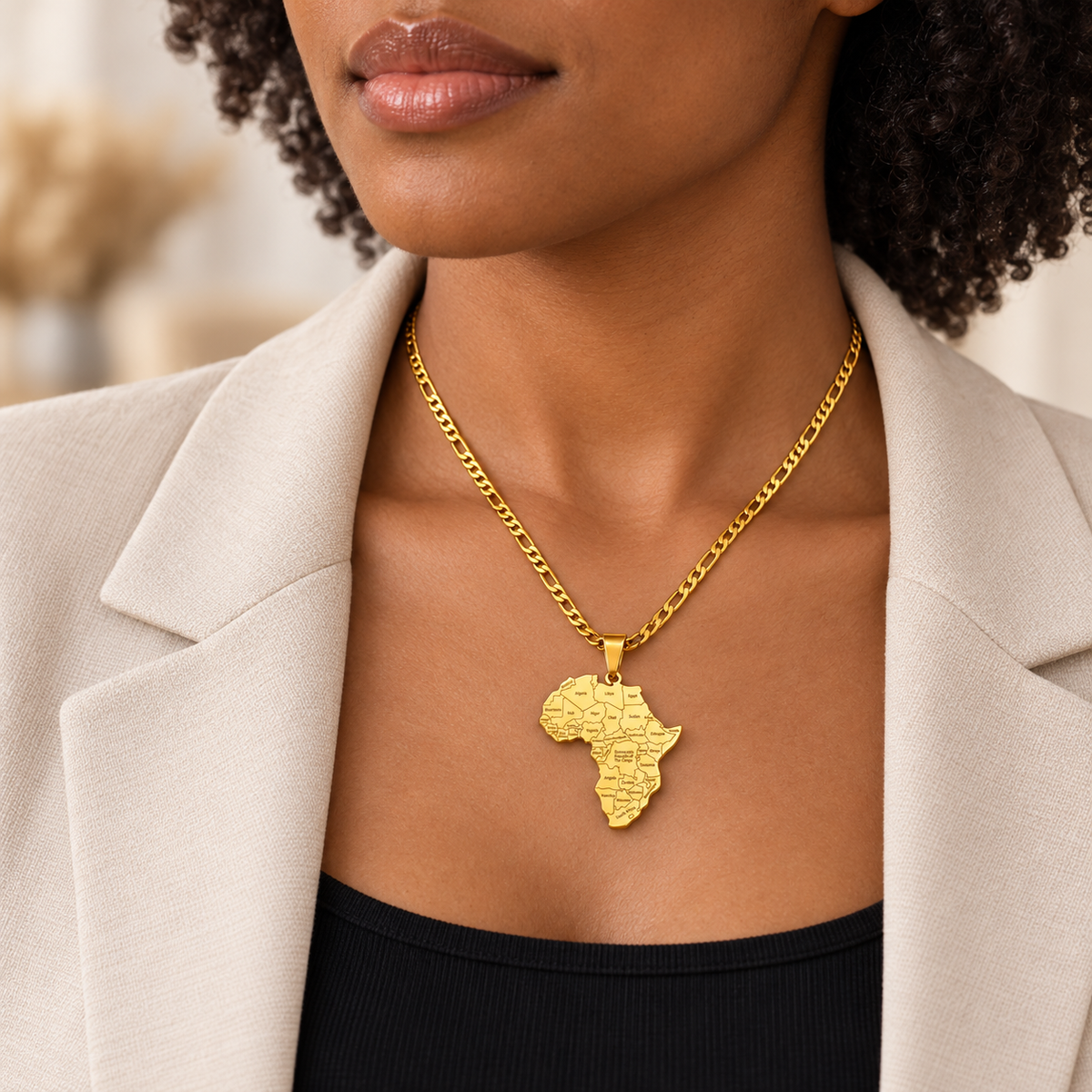 Collier Carte d'Afrique en Acier Inoxydable, Chaîne 45cm
