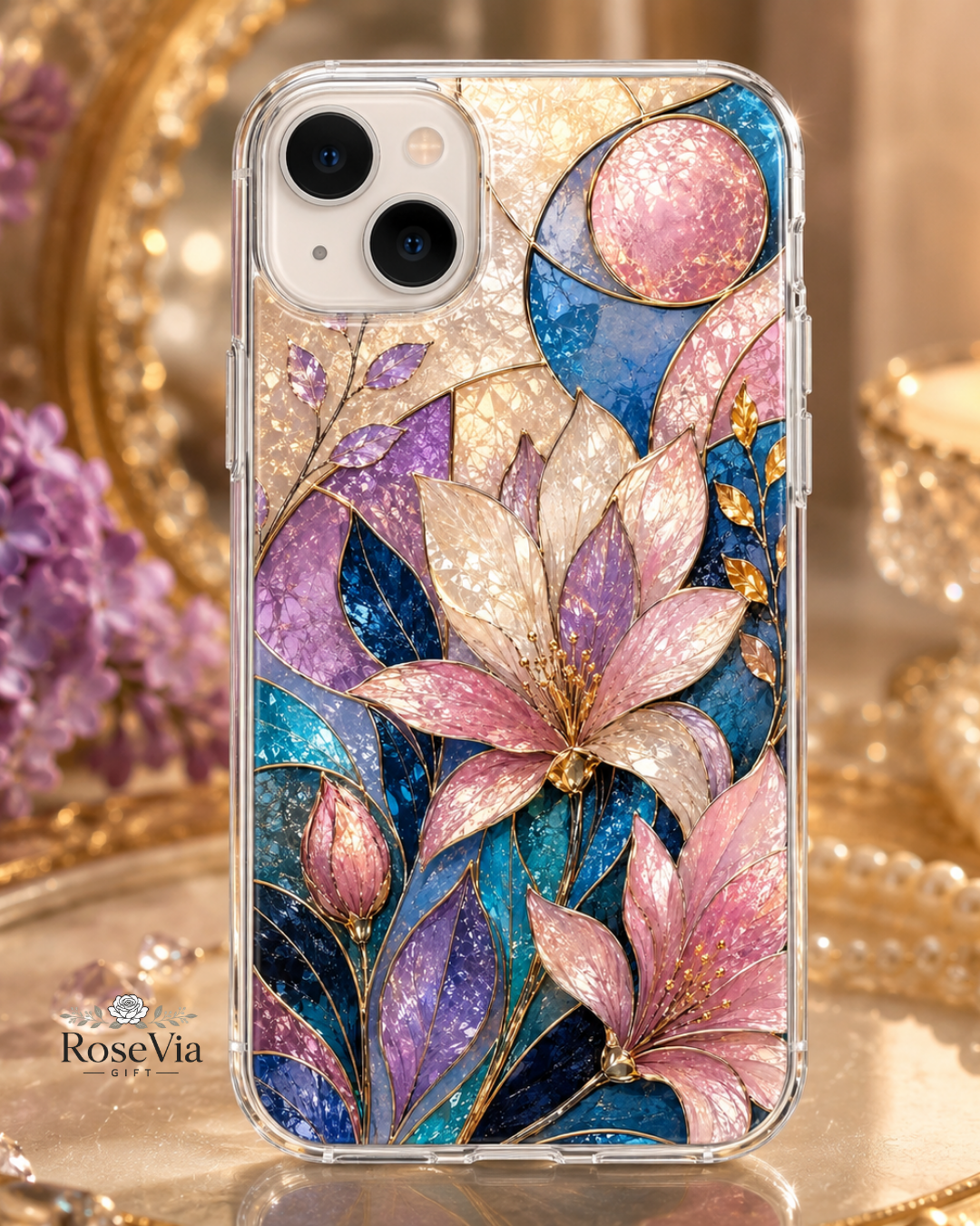Pink Lily iPhone 17 Pro Max Case, 17 Pro, Stained Glass Floral Design
