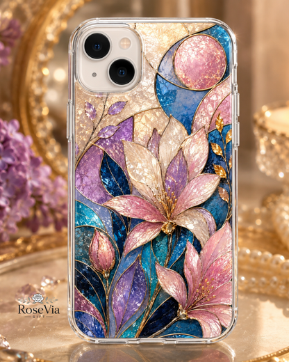 Pink Lily iPhone 17 Pro Max Case, 17 Pro, Stained Glass Floral Design
