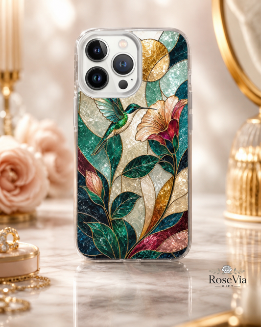 Hummingbird iPhone 17 , 16 Pro, Teal Gold Stained Glass