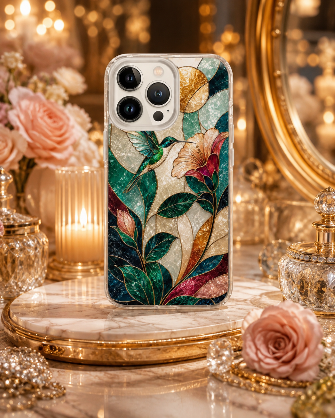 Hummingbird iPhone 17 , 16 Pro, Teal Gold Stained Glass