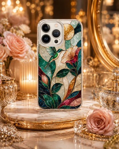Hummingbird iPhone 17 , 16 Pro, Teal Gold Stained Glass