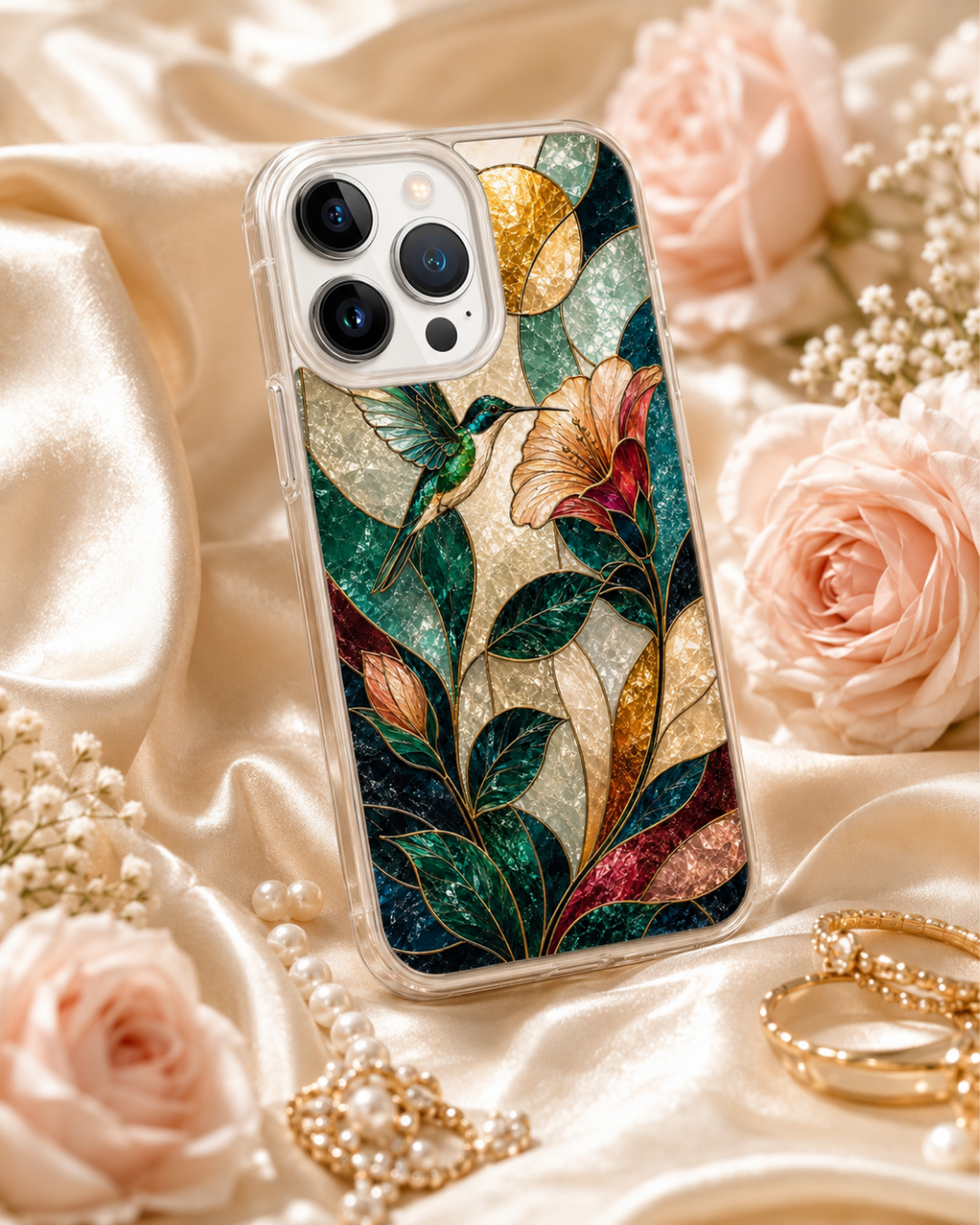 Hummingbird iPhone 17 , 16 Pro, Teal Gold Stained Glass