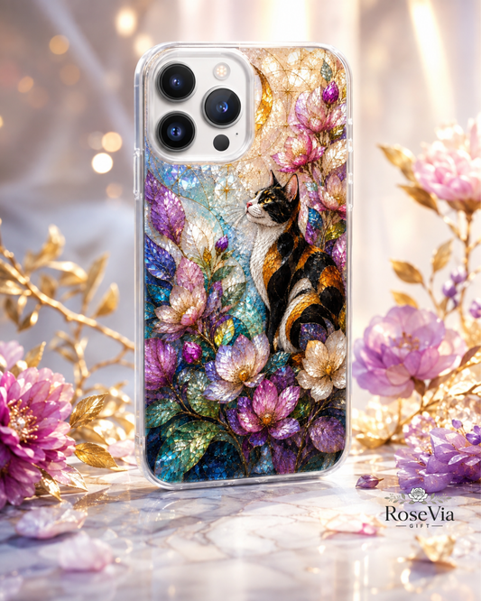 Calico Cat iPhone 17 Pro Max Case, iPhone 17 Pro Case, Stained Glass Floral Moon Art Phone Cover, Cat Lover Gift