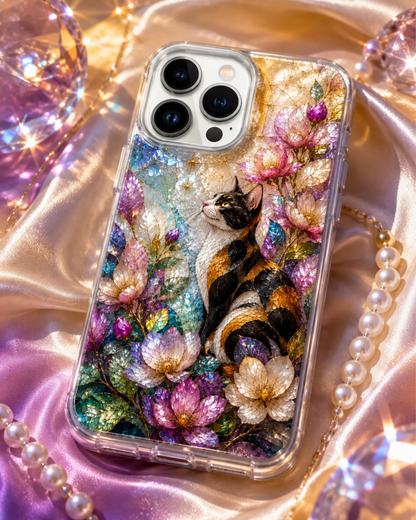 Calico Cat iPhone 17 Pro Max Case, iPhone 17 Pro Case, Stained Glass Floral Moon Art Phone Cover, Cat Lover Gift