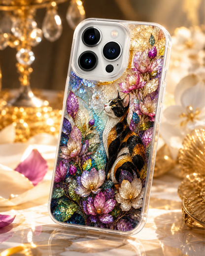 Calico Cat iPhone 17 Pro Max Case, iPhone 17 Pro Case, Stained Glass Floral Moon Art Phone Cover, Cat Lover Gift