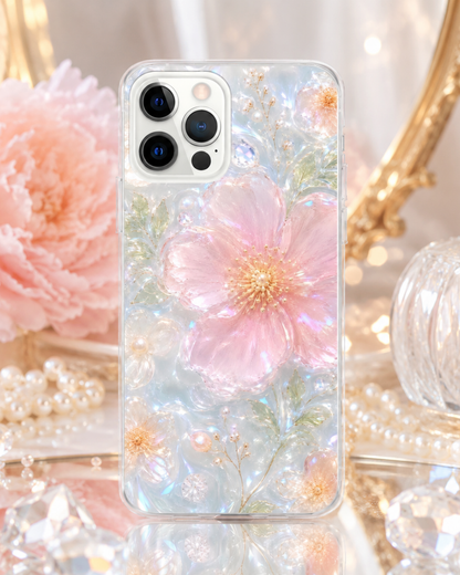 Pink Crystal Floral iPhone Case, 17 Pro Max, 17 Pro, Pastel Pearl Effect