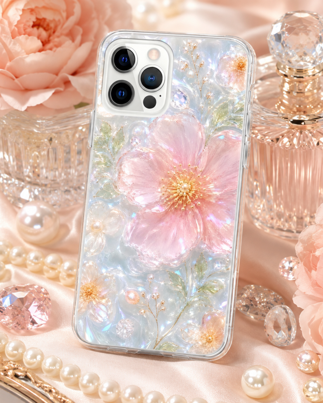 Pink Crystal Floral iPhone Case, 17 Pro Max, 17 Pro, Pastel Pearl Effect