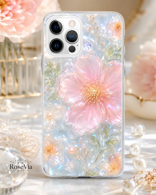 Pink Crystal Floral iPhone Case, 17 Pro Max, 17 Pro, Pastel Pearl Effect