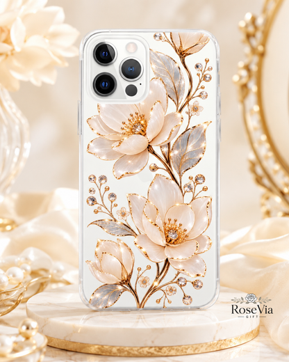White Gold Floral iPhone Case 17 Pro Max 17 Pro Pearl Effect Flowers Luxury Cover