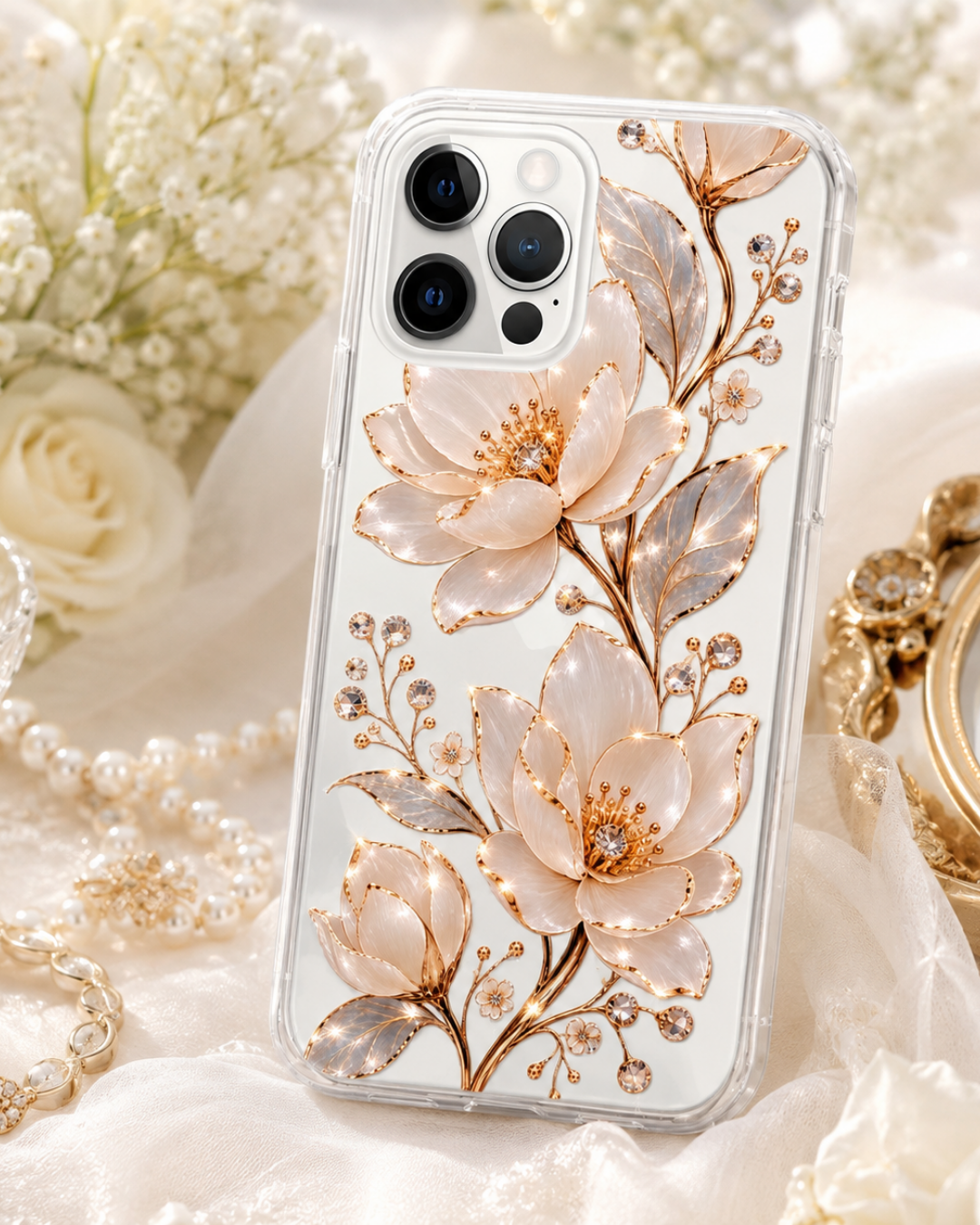 White Gold Floral iPhone Case 17 Pro Max 17 Pro Pearl Effect Flowers Luxury Cover