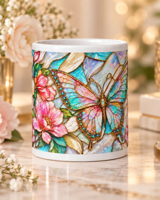 Mug Papillon Vitrail, Tasse Rose et Or Irisé