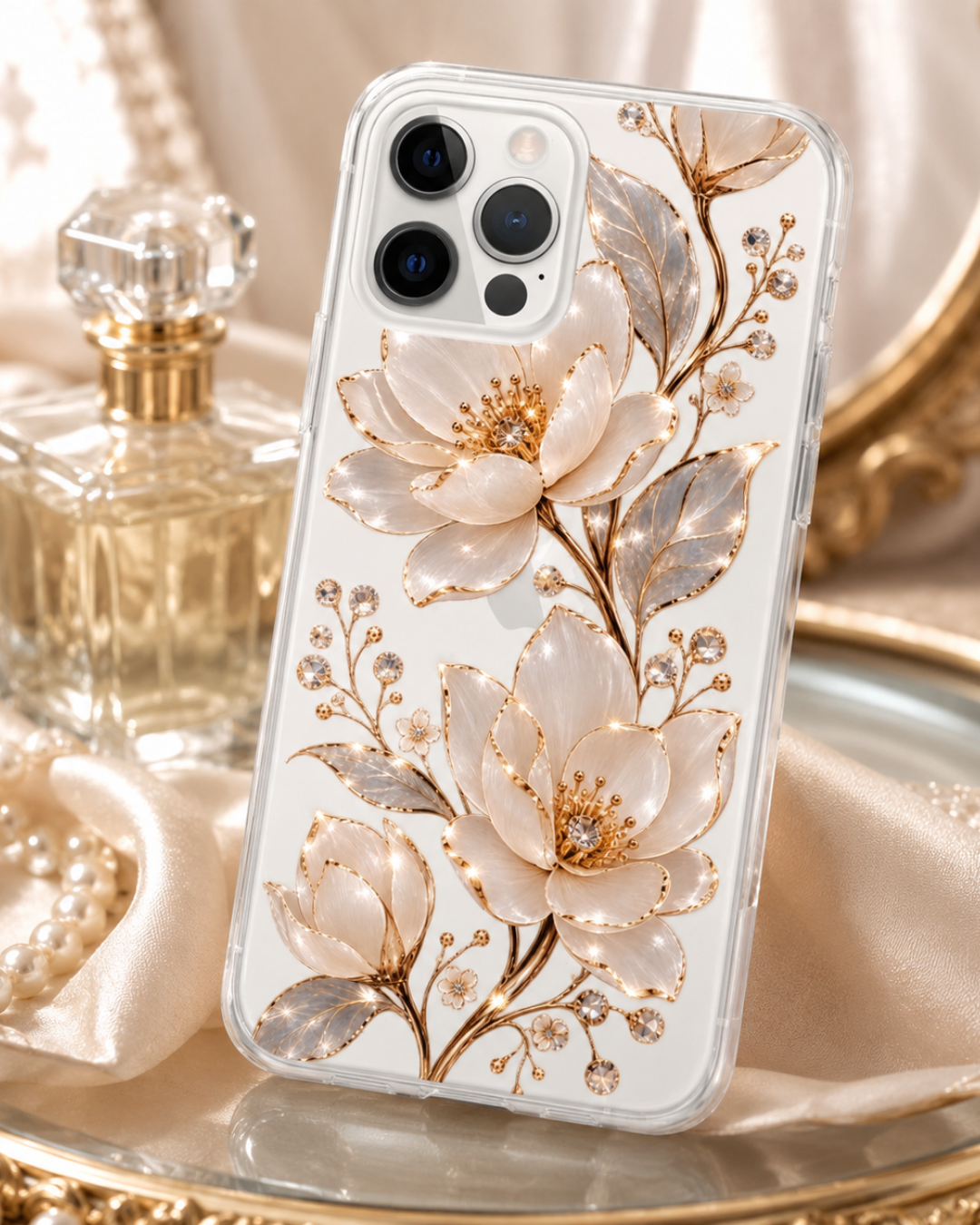White Gold Floral iPhone Case 17 Pro Max 17 Pro Pearl Effect Flowers Luxury Cover