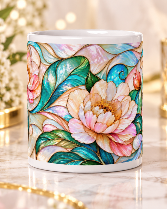 Mug Fleur de Pivoine, Tasse Vitrail Rose et Vert