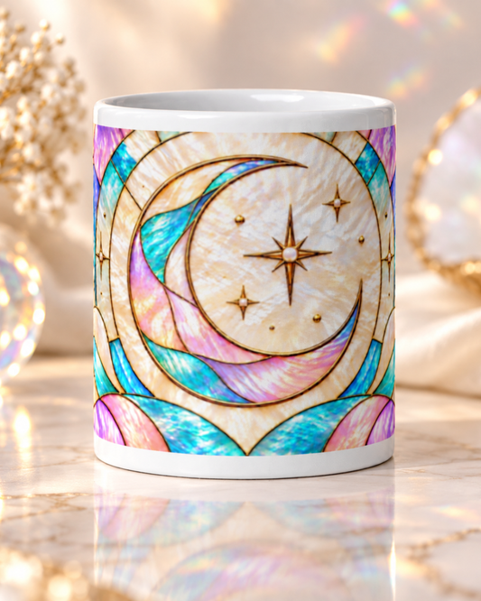 Mug Mandala Lune Céleste, Tasse Boho Pastel Irisé