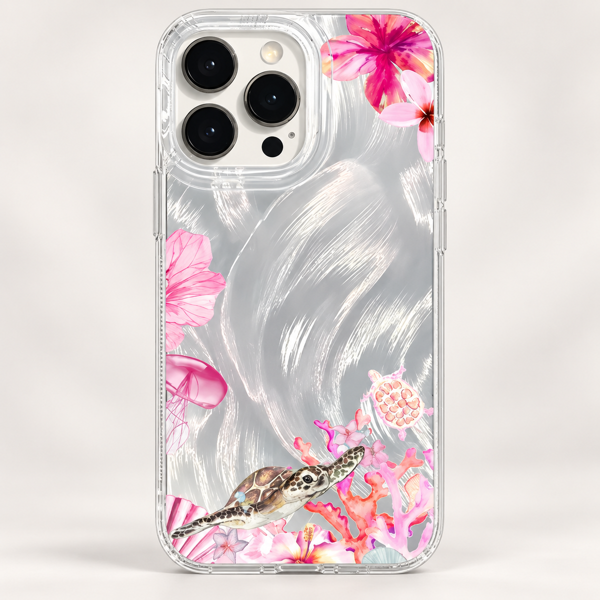 Coque iPhone Tortue de Mer Corail Rose, Design Floral Nacré