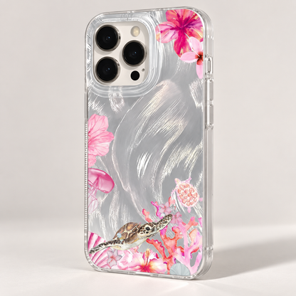 Coque iPhone Tortue de Mer Corail Rose, Design Floral Nacré