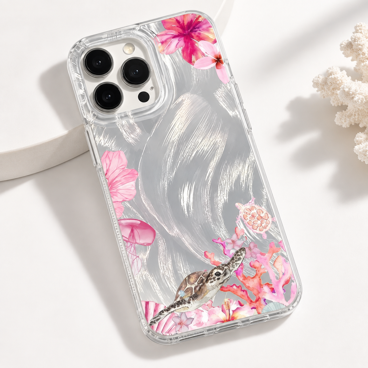 Coque iPhone Tortue de Mer Corail Rose, Design Floral Nacré
