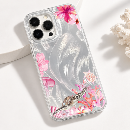 Coque iPhone Tortue de Mer Corail Rose, Design Floral Nacré
