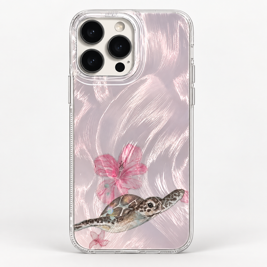 Coque iPhone Tortue de Mer Fleurs Roses, Design Nacré Pastel