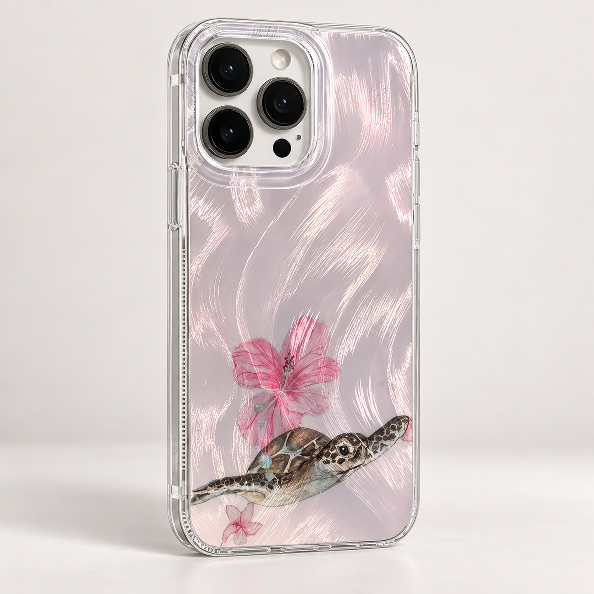 Coque iPhone Tortue de Mer Fleurs Roses, Design Nacré Pastel