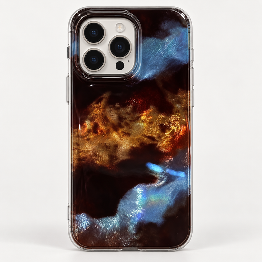 Coque iPhone Marbre Abstrait Galaxie, Effet Cuivré et Bleu Nuit