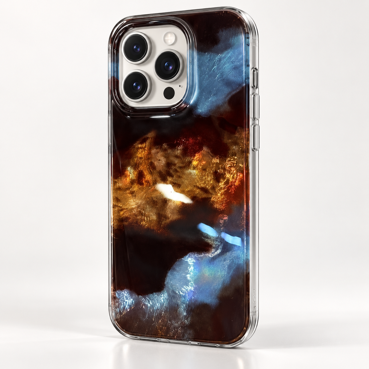 Coque iPhone Marbre Abstrait Galaxie, Effet Cuivré et Bleu Nuit