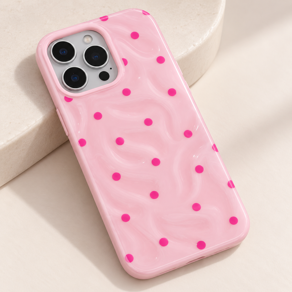 Coque iPhone Vagues et Pois, Rose Bonbon Texturé