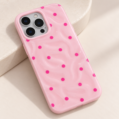 Coque iPhone Vagues et Pois, Rose Bonbon Texturé