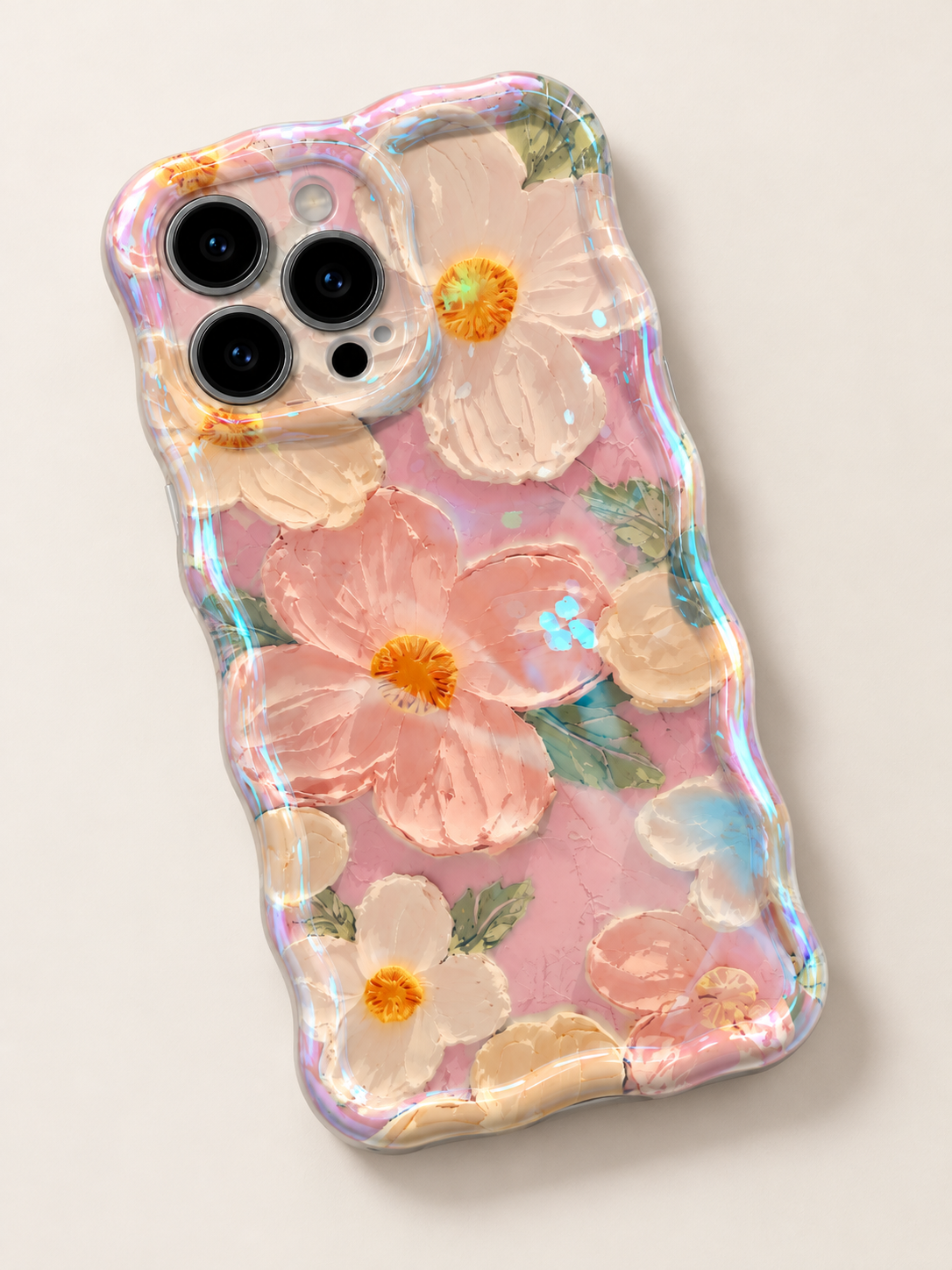 Coque iPhone Fleurs Pressées et Papillons, Translucide Rose Pêche