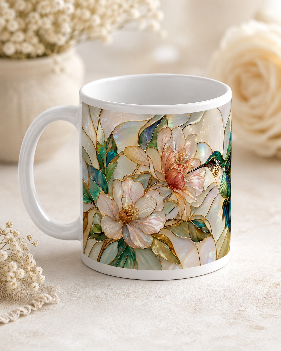 Mug Colibri Nacré, Tasse Vitrail Floral