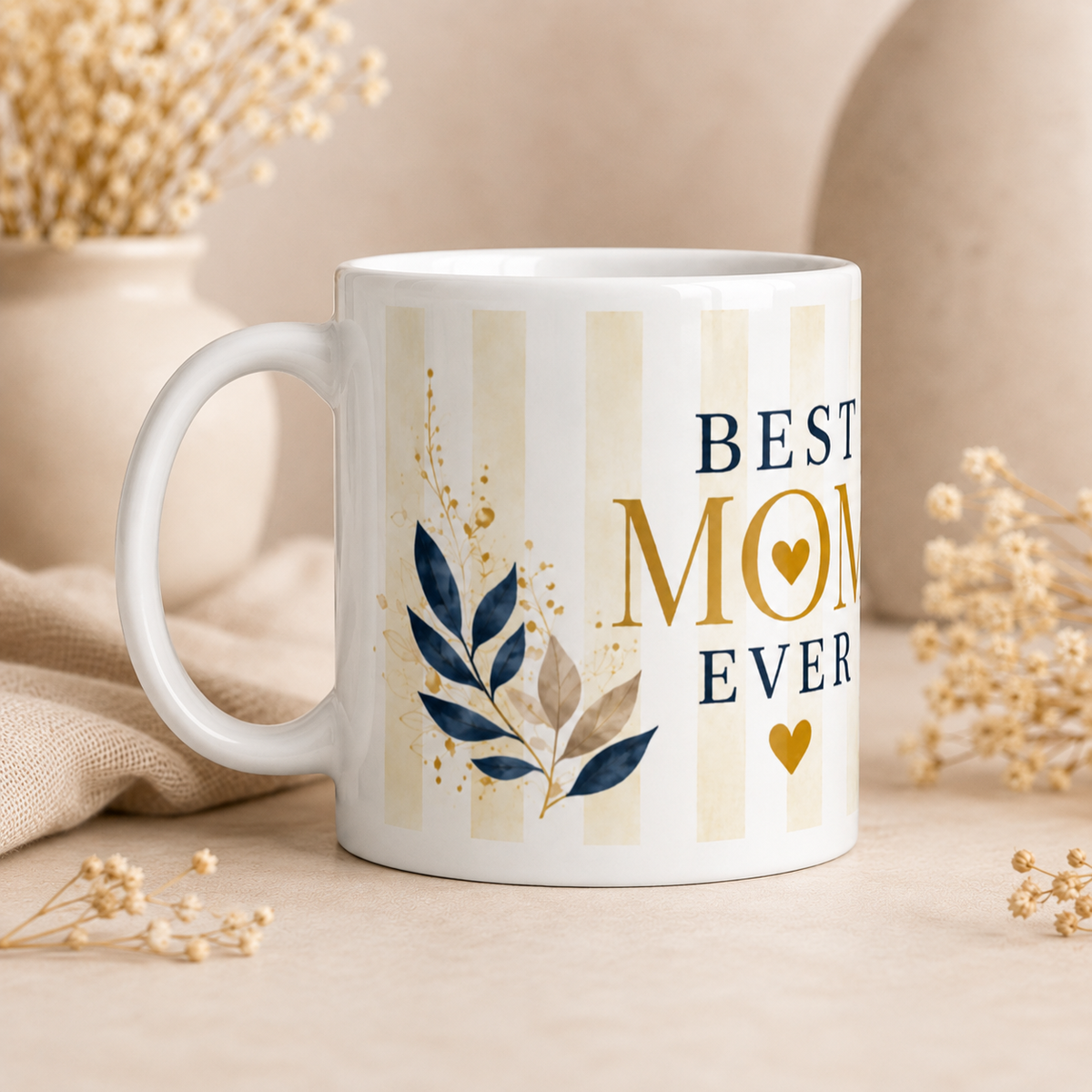 Mug Meilleure Maman, Rayures Bleu Marine et Or