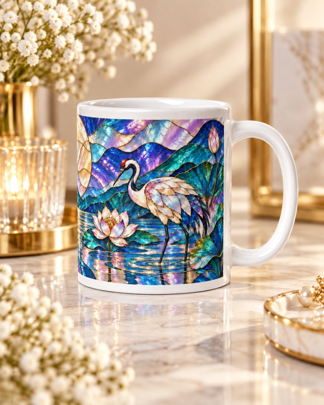 Crane and Lotus under the Moon Mug, Iridescent Zen Cup
