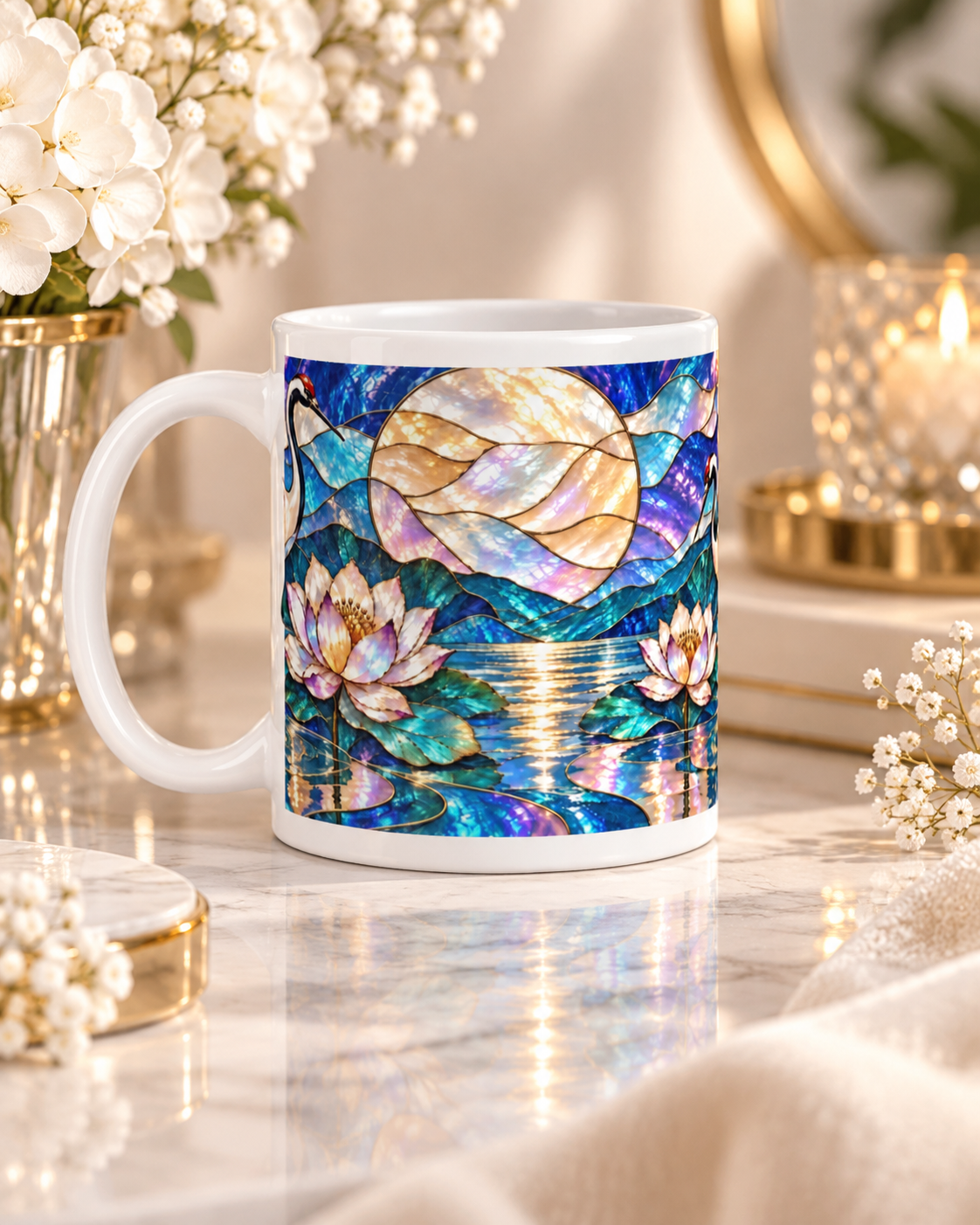 Crane and Lotus under the Moon Mug, Iridescent Zen Cup