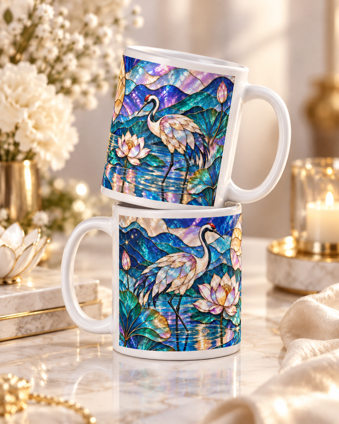 Crane and Lotus under the Moon Mug, Iridescent Zen Cup